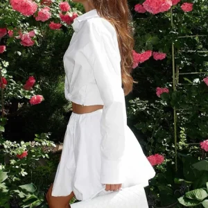 Fashion Lapel Loose White Cotton 2 Piece Set Women Casual Solid Outfit 2025 Long Sleeve Crop Shirt High Waist Mini Skirt Set