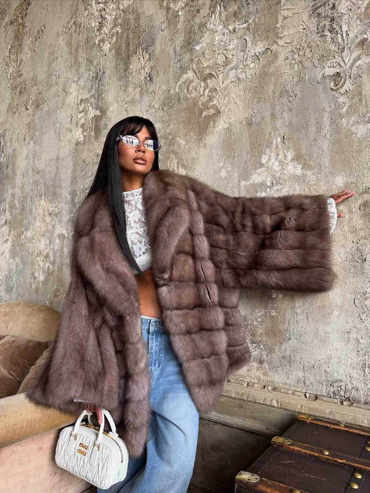 Women's 2025 Elegant Fake Fur Jacket Fashion Winter New Sleeve Bell Lapel Long Sleeve Coat Luxury Daily High Street Lady Outwear - Image 4