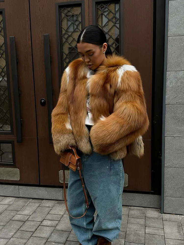 Women Luxury Two-tone Faux Fur Short Coat Fashion Full Sleeve Loose Warm Cropped Jackets Lady Highstreet Winter Daily Outerwears - Image 4