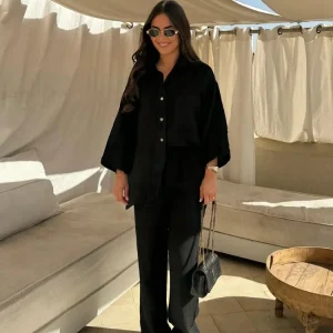 Casual Solid Elastic Waist Pant 2 Pcs Set Women Fashion Lapel V Neck Long Sleeve Single Breasted Shirt Suits Lady Loose Homewear