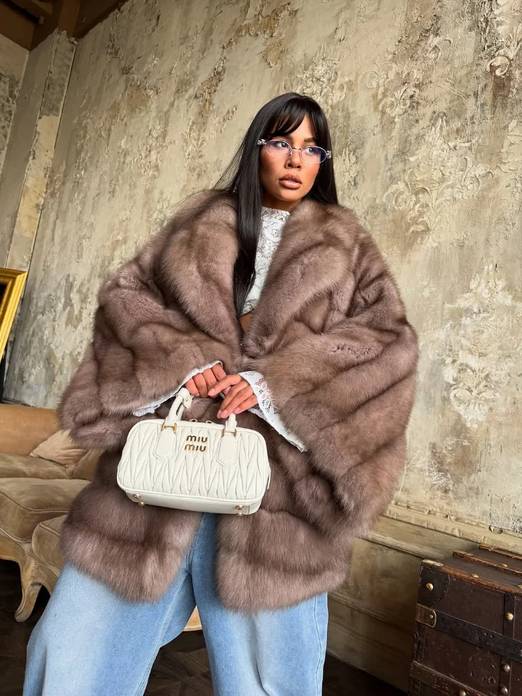 Women's 2025 Elegant Fake Fur Jacket Fashion Winter New Sleeve Bell Lapel Long Sleeve Coat Luxury Daily High Street Lady Outwear - Image 5