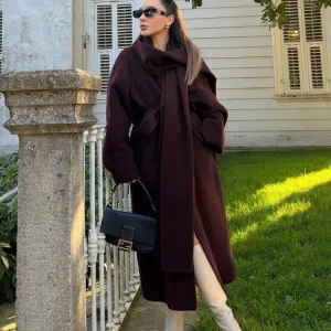 Elegant Solid Women Lace Up Woolen Coat Fashion Cardigan Scarf Neck Long Sleeves Loose Long Overcoat 2025 New Lady Street Jacket