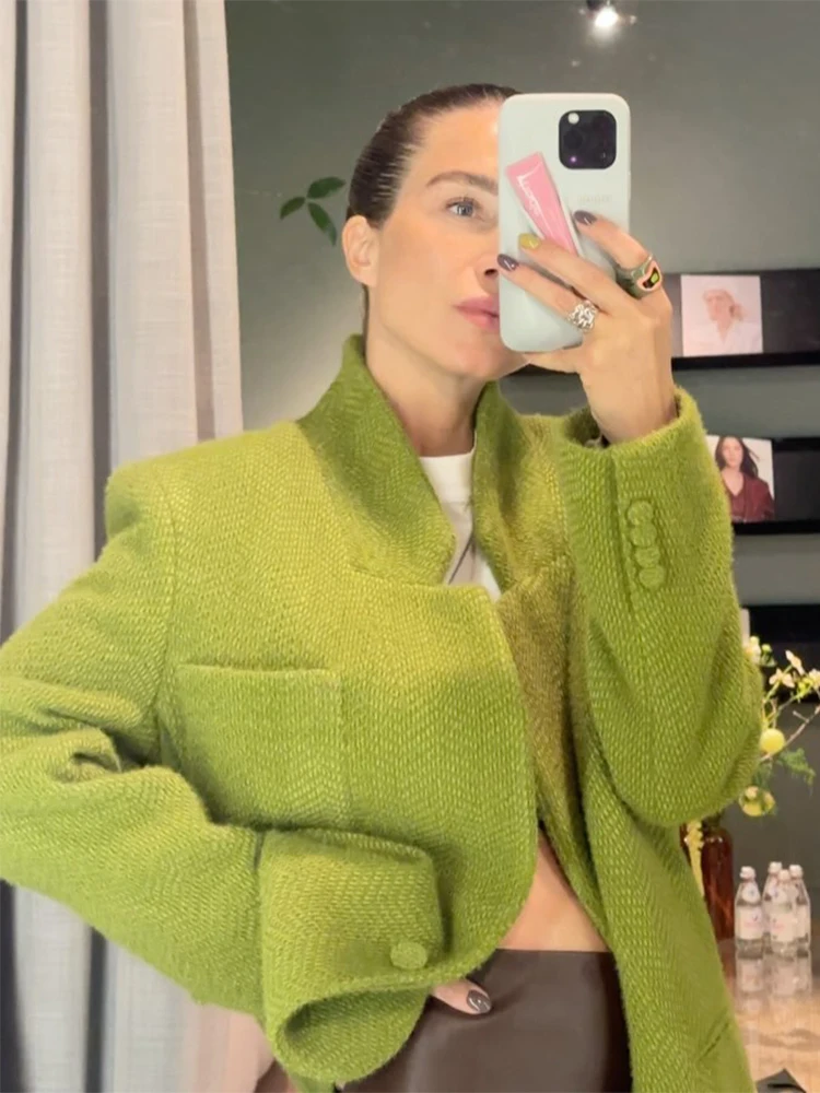 Women Green Woolen Coat Casual Solid Lapel Collar Long Sleeve Single Button Short Jacket 2025 Autumn Daily Highstreet Outerwears - Image 5