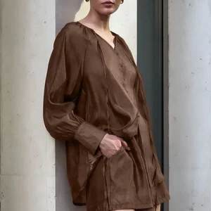 Casual Satin Loose Brown 2 Piece Sets Women Fashion Solid Outfit 2025 Elegant Female Long Sleeve Shirt High Waist Shorts Set