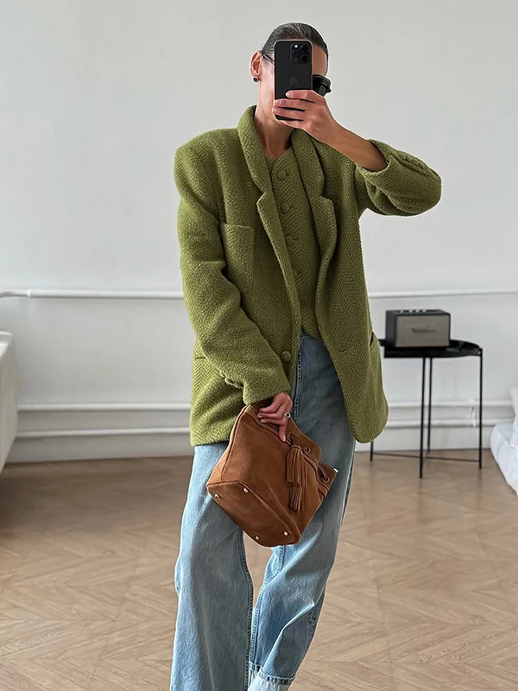 Women Green Woolen Coat Casual Solid Lapel Collar Long Sleeve Single Button Short Jacket 2025 Autumn Daily Highstreet Outerwears