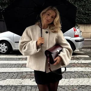 Retro Loose Casual Woolen Coats Women's Double Breasted Stand Collar Short Jacket Office Lady Autumn Winter 2024 Solid Outerwear