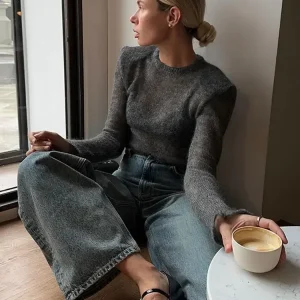 Fashion Solid Round Neck Thin Knitted Sweater Elegant Long Sleeve Bodycon Pullover 2024 New Autumn Lady Commuting Street Outwear