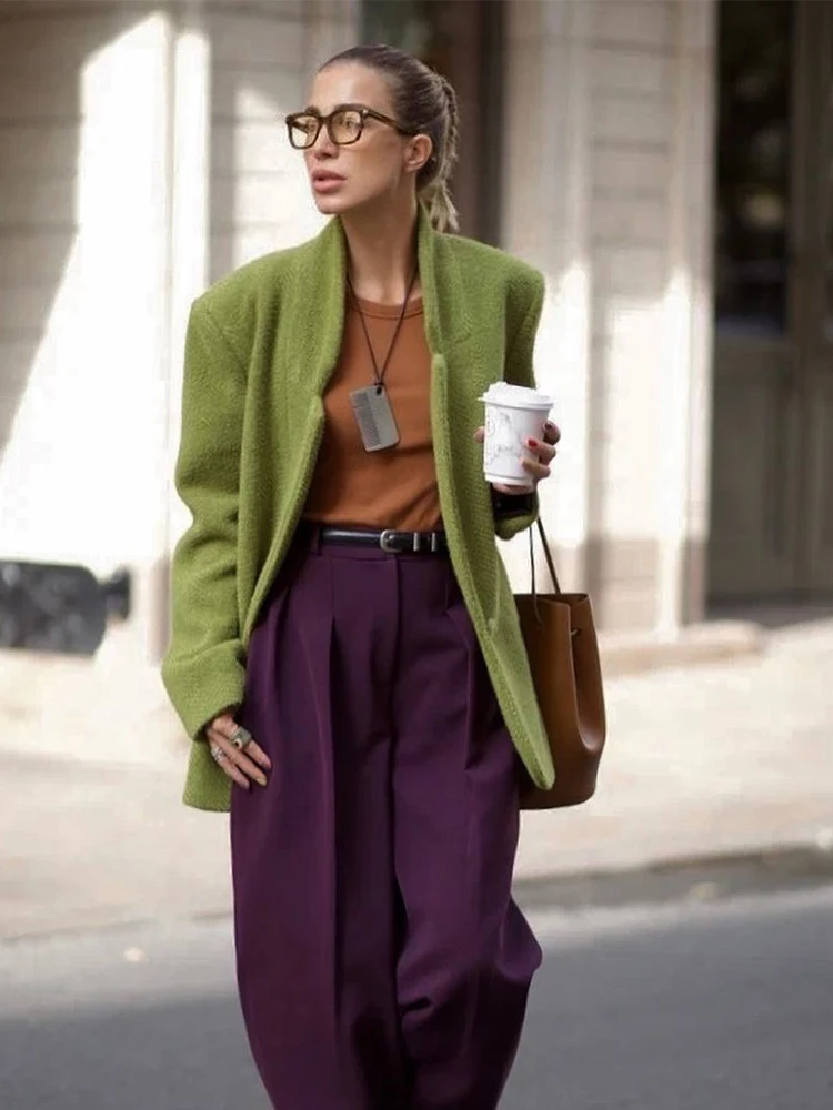 Women Green Woolen Coat Casual Solid Lapel Collar Long Sleeve Single Button Short Jacket 2025 Autumn Daily Highstreet Outerwears - Image 4