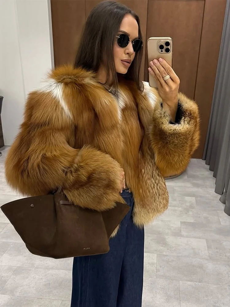 Women Luxury Two-tone Faux Fur Short Coat Fashion Full Sleeve Loose Warm Cropped Jackets Lady Highstreet Winter Daily Outerwears - Image 3