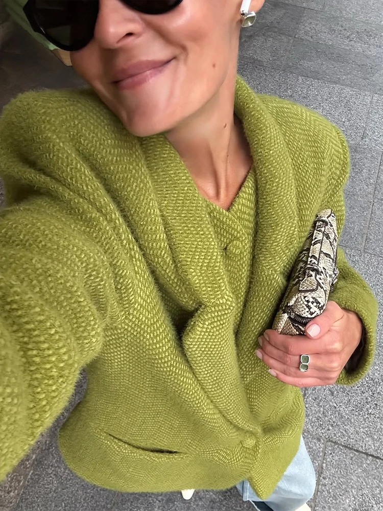 Women Green Woolen Coat Casual Solid Lapel Collar Long Sleeve Single Button Short Jacket 2025 Autumn Daily Highstreet Outerwears - Image 6