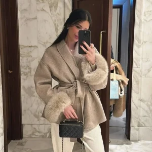 Fur Patchwork Woolen Short Coat Fashion Solid Lace Up Lapel Furry Belt Long Sleeve Loose Jacket 2025 New Autumn Winter Cardigan