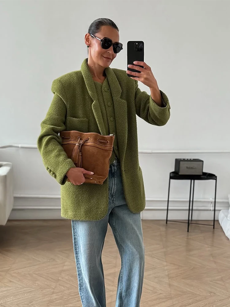 Women Green Woolen Coat Casual Solid Lapel Collar Long Sleeve Single Button Short Jacket 2025 Autumn Daily Highstreet Outerwears - Image 2