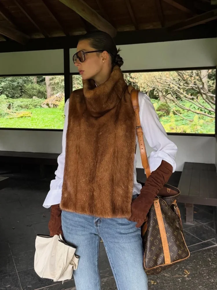 Women Stand Collar Faux Fur Vest Chic Solid High Collar Sleeveless Loose Waistcoat Casual 2025 New Lady Daily Street Short Vests - Image 2